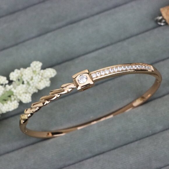 Twist Design Rose Gold Bangle with Crystal Square Accent, XPBL0523 - Picture 1 of 12